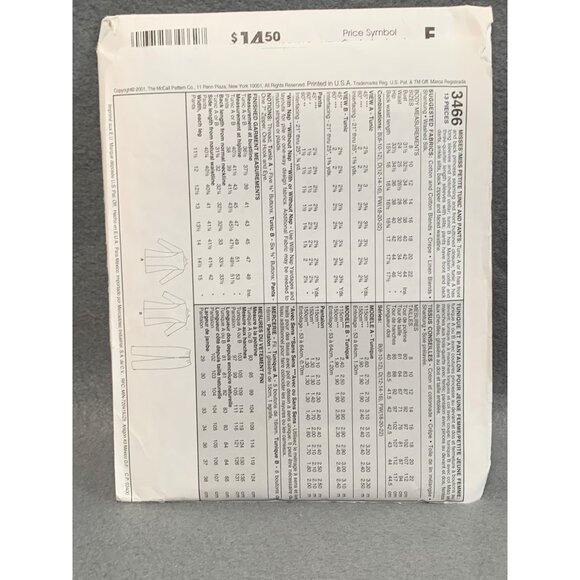 McCalls Womens Tunic Shirt Pants Sewing Pattern 3466 Size 12-14-16 uncut - Picture 2 of 2